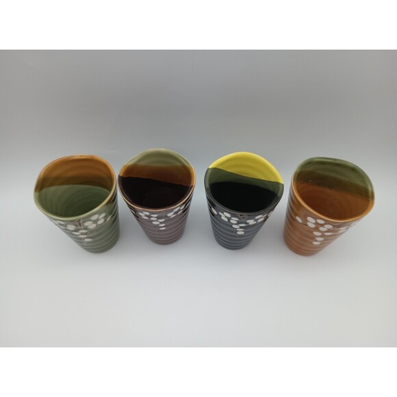 4 Vtg Japanese Coil Pottery Cherry Blossom Cups Wavy Rim Fall Colors - Picture 2 of 7